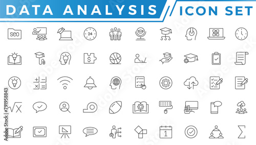 data analysis thin line icon set. Data processing outline pictograms for website and mobile app. Digital analytics simple UI, UX vector icons