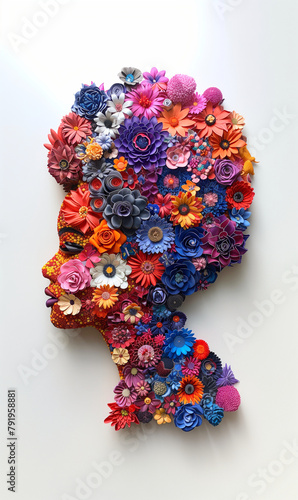 Behold the exquisite profile of an African American woman, her visage adorned with a breathtaking array of flowers and leaves. A vibrant tapestry of colors - red, yellow, and blue - dances across her 