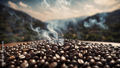 Aromatic Coffee Beans with Wisps of Smoke