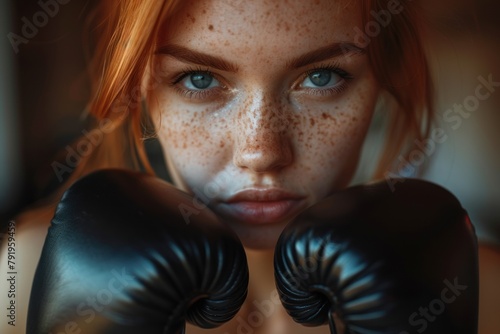 Close-up of a determined red-haired female boxer wearing gloves, concentrated expression on her face. photo