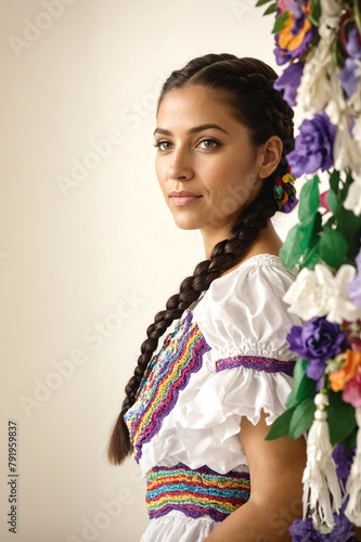 Young hispanic woman posing against the wall in Cinco de Mayo in fiesta. May 5, federal holiday, female folk portrait photo