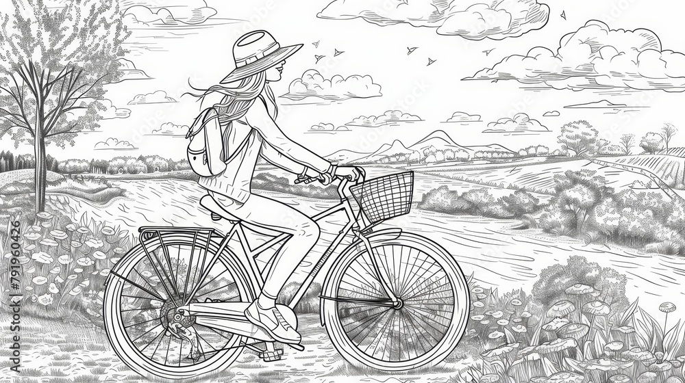 Hobbies & Relaxation Coloring Book: A coloring page featuring a person enjoying a leisurely bike ride through a scenic countryside