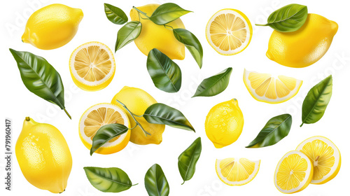 Set of lemons and leaves  isolated on white background