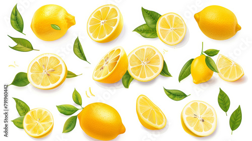 Set of lemons and leaves, isolated on white background