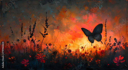 Serenity in Silhouette  Oil Painting of Butterfly and Flowers at Sunset