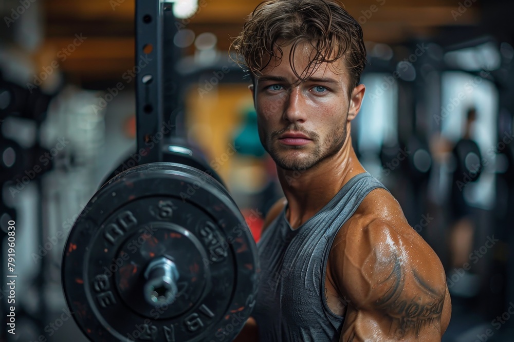 Young muscular male with intense gaze and determination lifting weights in a high-intensity gym environment Young muscular male with intense gaze and determination lifting weights in a high-intensity gym environment