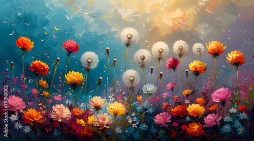 Whimsical Wind Whispers: Oil Painting of Dandelions, Tulips, and Daisies © Thien Vu