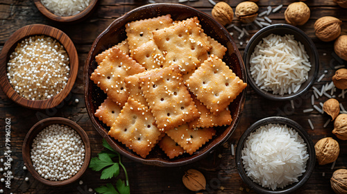 Top view of crispy crackers and dried rice photo