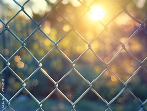 A fence with a sun shining through it. The fence is made of metal and is open