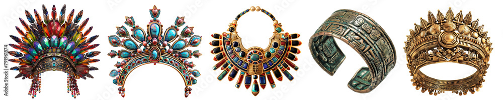 Collection of aztec jewelry cutout clipping path png isolated on white or transparent background Collection of aztec jewelry cutout clipping path png isolated on white or transparent background