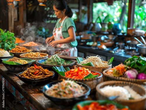 A woman is cooking food in a kitchen with many bowls of food on a table. Scene is warm and inviting, as the woman is preparing a meal for others to enjoy