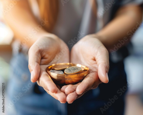 A woman is holding a bowl of golden coins in her hands.