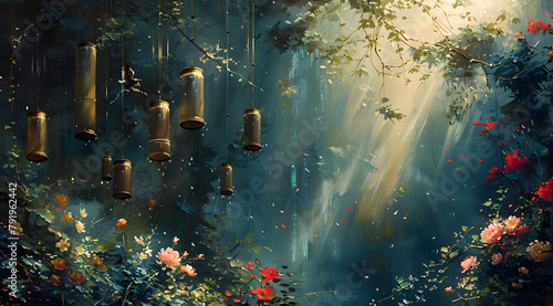 Serenade of Nature  Oil Painting Depicting Wind Chimes and Ribbons in a Calm Garden