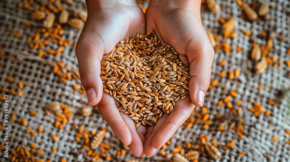 Hand holding wheat grains, a plant ingredient for cuisine Hand holding wheat grains, a plant ingredient for cuisine