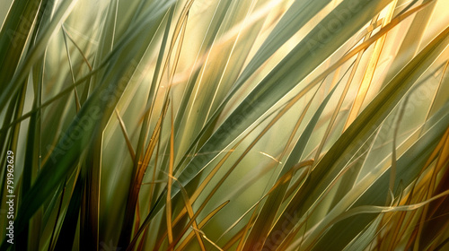 Bahia Grass blades up close  their slender forms and textured surface illuminated by soft sunlight  highlighting the unique patterns and colors found in this resilient and versatile grass species.