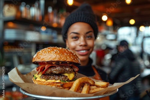 Smiling server in a casual restaurant offers a delicious-looking bacon cheeseburger with fries to the viewer