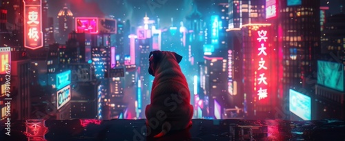 A wide angle shot of a cute pug sitting on background of a blurred cyberpunk city panorama with bright neon lights. Retro synthwave vibes. Futuristic wallpaper. photo