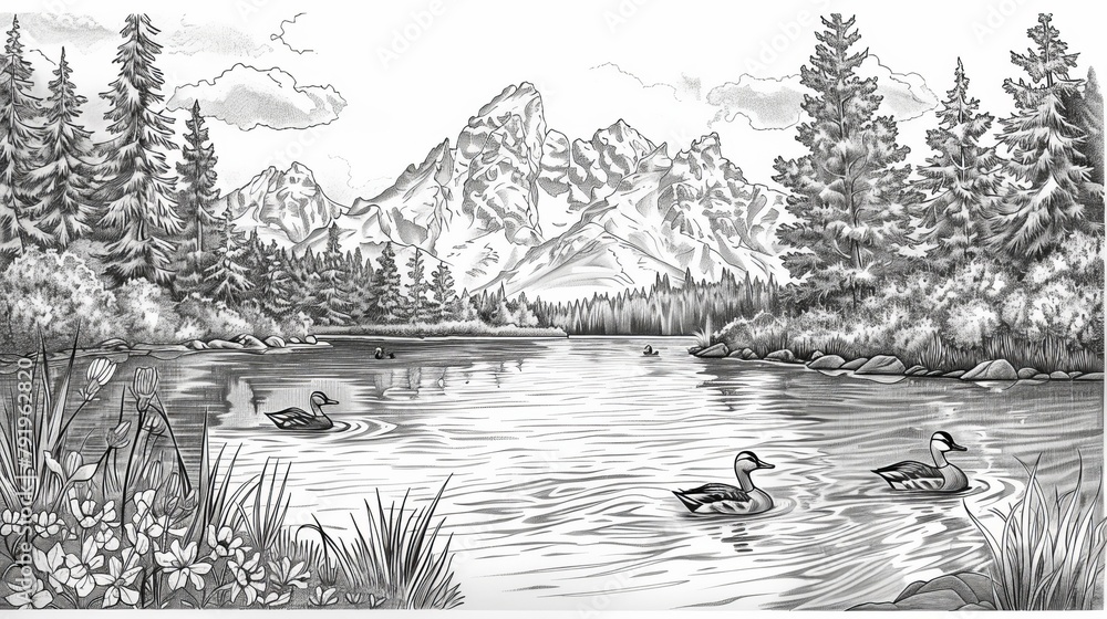 Nature: A coloring book page featuring a tranquil lake reflecting the surrounding mountains and trees