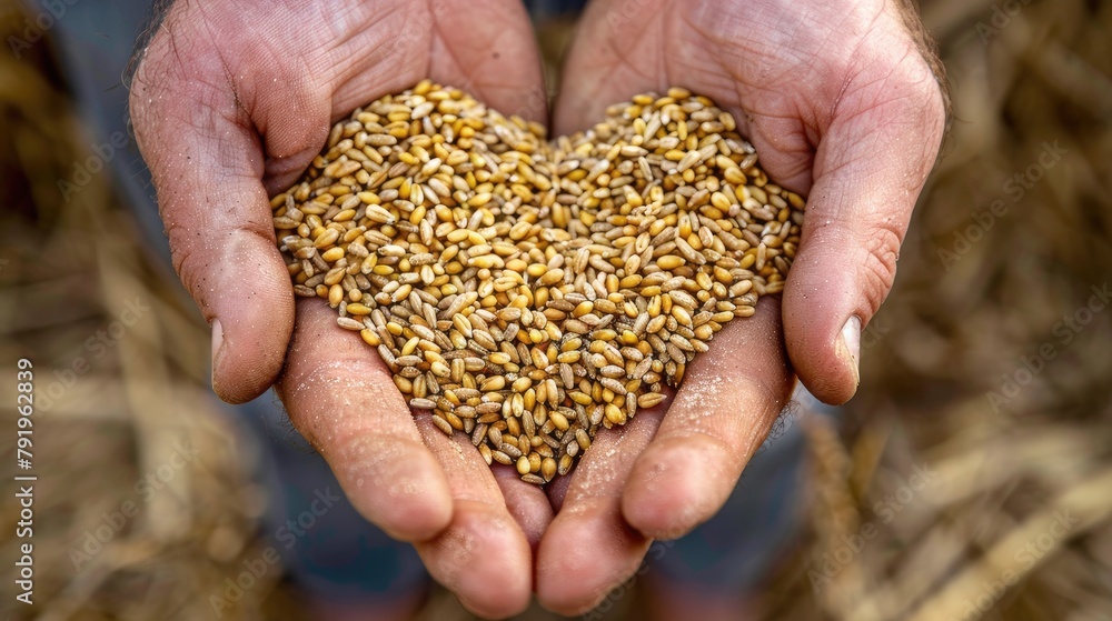 Obraz premium Hand holding wheat grains, a plant ingredient for cuisine