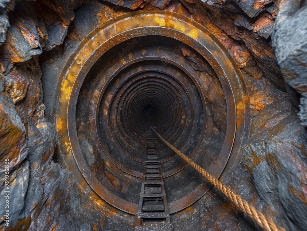 A long, narrow tunnel with a rope ladder leading down