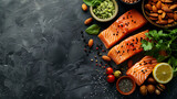 Food sources of omega 3 on dark background with copy space top view, Foods high in fatty acids including vegetables, seafood, nut and seeds, Health food fitness, hyperrealistic food photography