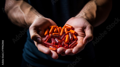 man 's hand holding a bunch of red pills on a black background.