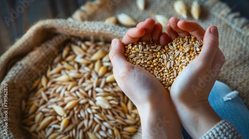 Hand holding wheat grains, a plant ingredient for cuisine photo