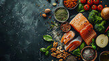 Food sources of omega 3 on dark background with copy space top view, Foods high in fatty acids including vegetables, seafood, nut and seeds, Health food fitness, hyperrealistic food photography