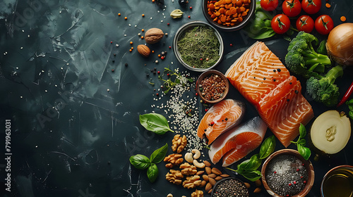 Food sources of omega 3 on dark background with copy space top view, Foods high in fatty acids including vegetables, seafood, nut and seeds, Health food fitness, hyperrealistic food photography photo