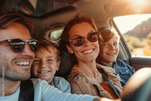 Experience the heartwarming joy of a happy, laughing family of four traveling in a modern car, savoring a weekend vacation or road trip