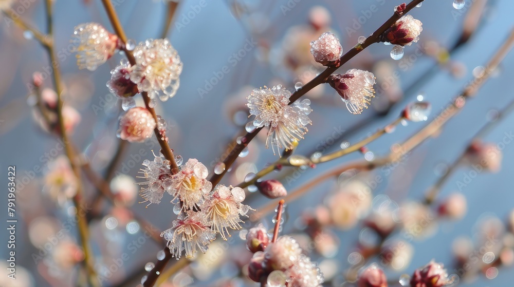 Closeup of pink flower covered in water droplets, against freezing sky backdrop Closeup of pink flower covered in water droplets, against freezing sky backdrop