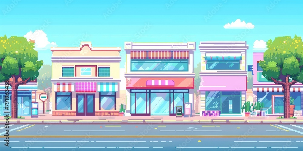 A street scene with a row of buildings and a sidewalk. The buildings are pink and white, and there are trees on the sidewalk A street scene with a row of buildings and a sidewalk. The buildings are pink and white, and there are trees on the sidewalk