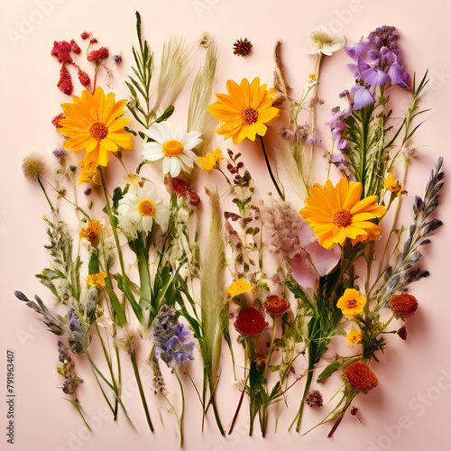 Title: Title: flowers Photography of an array of wildflowers spread on aged wood, showing the grain of the timber and the vibrant colors of the blooms. Top view, flat lay.© Nadia