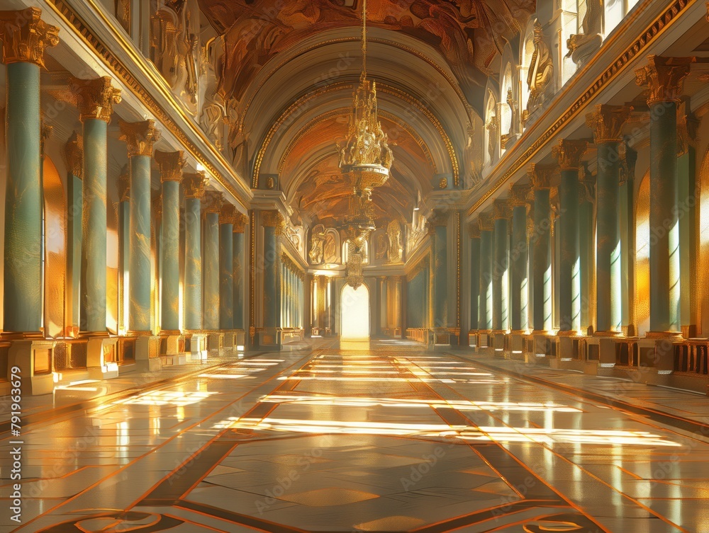 A long, empty room with gold accents and a chandelier hanging from the ceiling. The room is illuminated by sunlight, creating a warm and inviting atmosphere