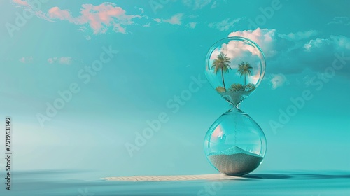 An hourglass timer is on a blue surface. The top half of the timer is filled with clouds and the bottom half is filled with sand and water with a palm tree sticking out of the sand.