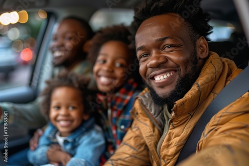 Experience the heartwarming joy of a happy, laughing family of four traveling in a modern car, savoring a weekend vacation or road trip © Roberto