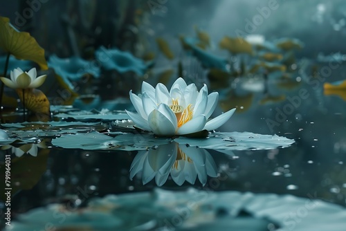 A close-up of a lotus flower emerging from a still pond