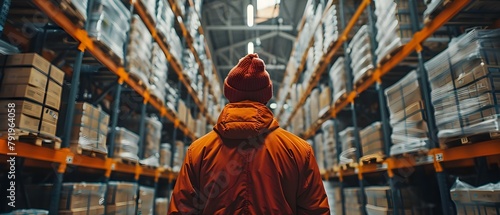 Worker inspecting inventory in warehouse. Concept Inventory Management, Warehouse Operations, Quality Control, Worker Inspection, Logistics Tracking photo