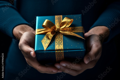 hand holding a present box with gold bow on dark background, in the style of dark teal and dark indigo сreated with Generative Ai