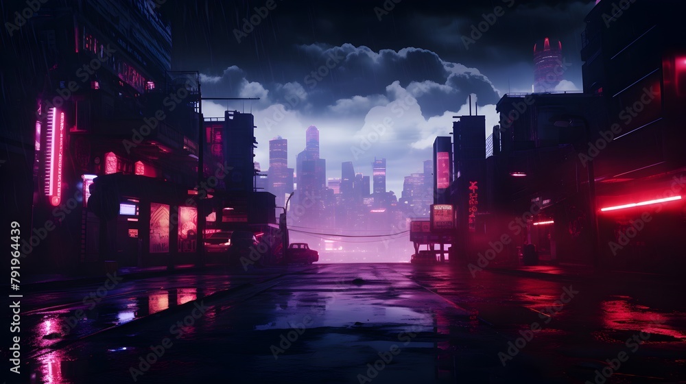  Immerse yourself in the enigmatic atmosphere of a nocturnal urban landscape, where the streets lie deserted under the glow of red and blue neon lights, their reflections mingling with wisps of smoke 