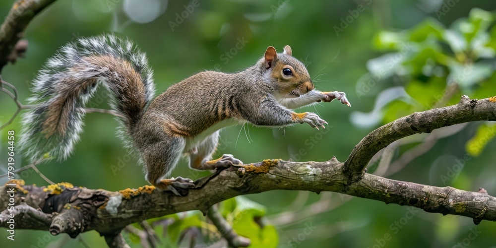 A squirrel is on a tree branch, looking for food. Concept of curiosity and determination as the squirrel searches for its next meal