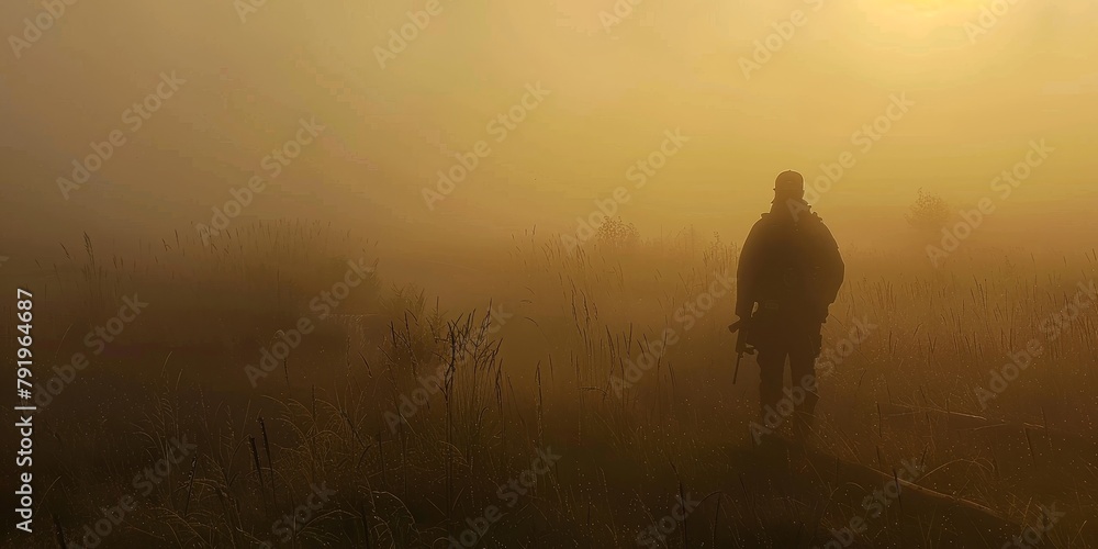 Fototapeta premium A man is walking through a foggy field. The sky is orange and the grass is tall