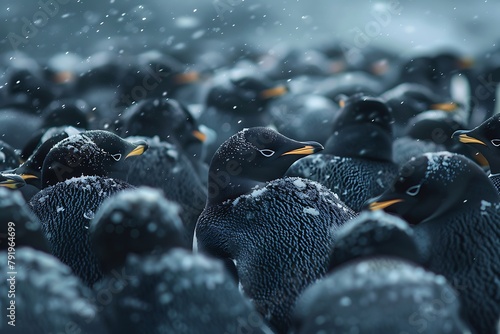 A colony of penguins huddled together on an icy Antarctic shore, their sleek bodies keeping warm as they endure the harsh polar winter. photo