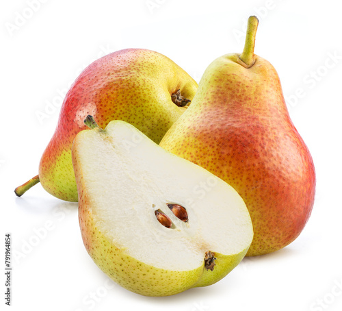 Ripe pears and cross section of pear with seeds isolated on white background.