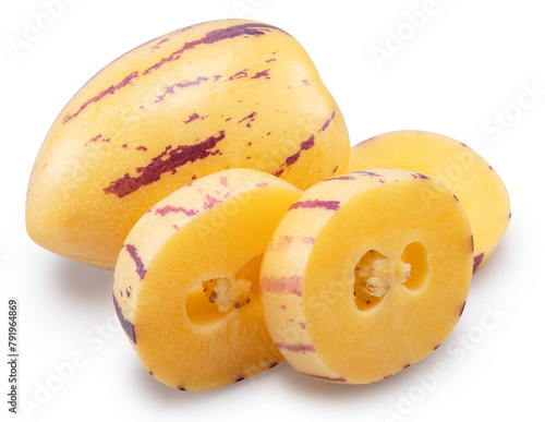 Pepino melon or pepino dulce and sliced fruit isolated on white background. Clipping path.