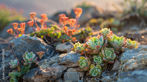 Baby Toes succulents as they thrive in a rocky desert landscape  their compact growth habit and ability to store water making them well-suited for arid environments with minimal rainfall.