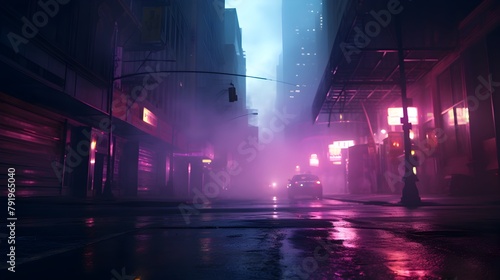  Traverse the empty streets of a darkened cityscape  where the wet asphalt reflects the vibrant neon lights above  casting an otherworldly glow on the concrete below  while tendrils of smoke curl and 