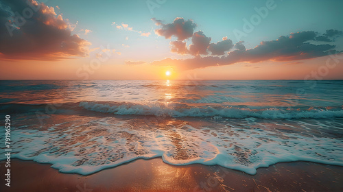 The serene early morning on a beach, with long exposure capturing the gradual color change in the sky and the peaceful ocean waves