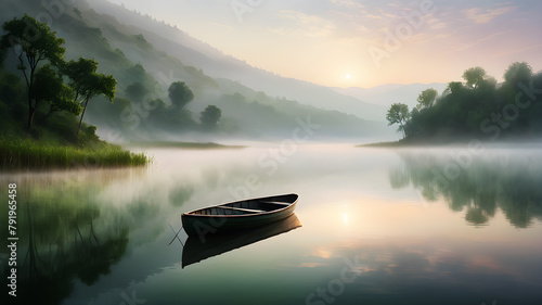 Imagine a serene lake nestled between verdant hills  its surface reflecting the soft hues of dawn. Mist rises from the water  adding an ethereal quality to the scene. A lone rowboat sits at the shore 