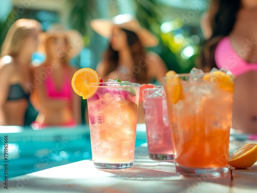 A group of women are sitting around a table with drinks and a few of them are wearing pink bikinis